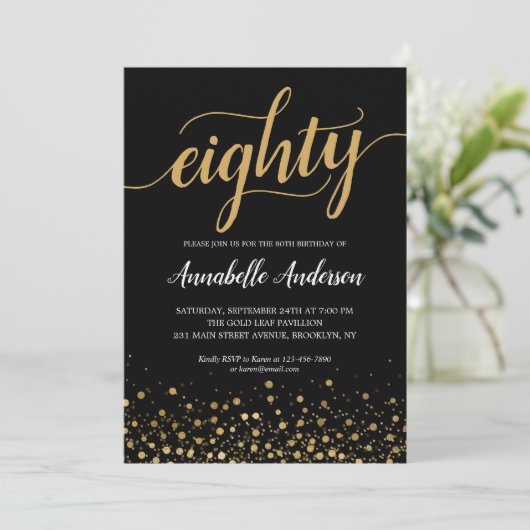 80e verjaardag Modern Zwart Goud Confetti Script Kaart (Staand voorkant)
