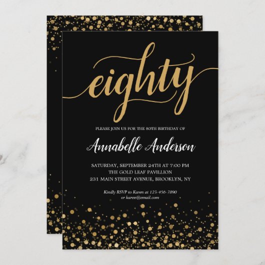 80e verjaardag Modern Zwart Goud Confetti Script Kaart (Voorkant / Achterkant)