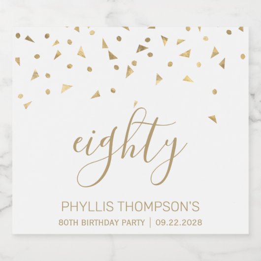 80e verjaardag Moderne gouddriehoek Confetti White Sparkling Wijnetiket (Enkel label)