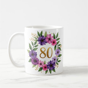 80e Verjaardag Mok – Bloemenkrans met gouden numme