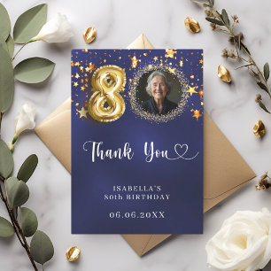 80e verjaardag navy blauw goud sterren foto bedankkaart