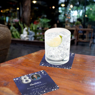 80e verjaardag navy blauw zilveren sterren foto vierkante kartonnen onderzetter