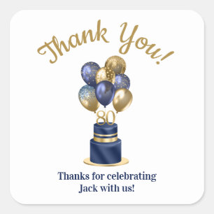80e verjaardag Navy Blue Balloon Cake Bedankt Vierkante Sticker