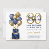 80e verjaardag Navy Blue Balloon Cake Save The Date (Voorkant)