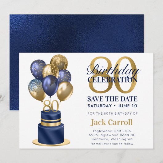 80e verjaardag Navy Blue Balloon Cake Save The Date (Voorkant / Achterkant)