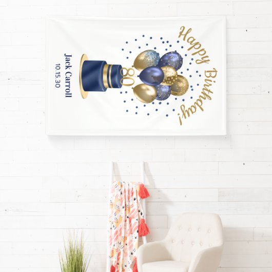 80e verjaardag Navy Blue Balloon Cake Spandoek (Insitu)