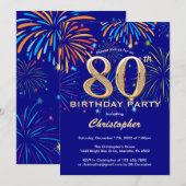 80e verjaardag Navy Blue en Gold Rainbow Fireworks Kaart (Voorkant / Achterkant)