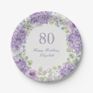 80e verjaardag Papieren borden Elegant paarse bloe Bordje