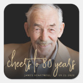 80e verjaardag Party Foto Cheers Gold Script Vierkante Sticker (Voorkant)