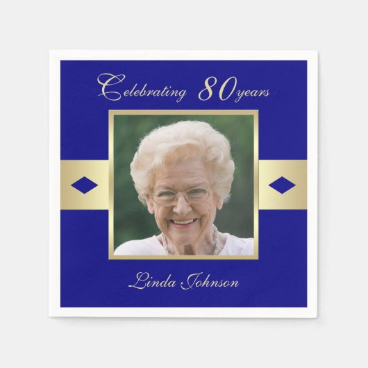 80e verjaardag Party Foto op Navy Blue Paper Servet (Voorkant)