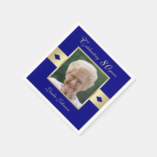 80e verjaardag Party Foto op Navy Blue Paper Servet (Hoek)