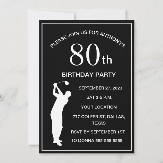 80e verjaardag Party Golfer Zwart Par Volwassen Go Kaart (Voorkant)
