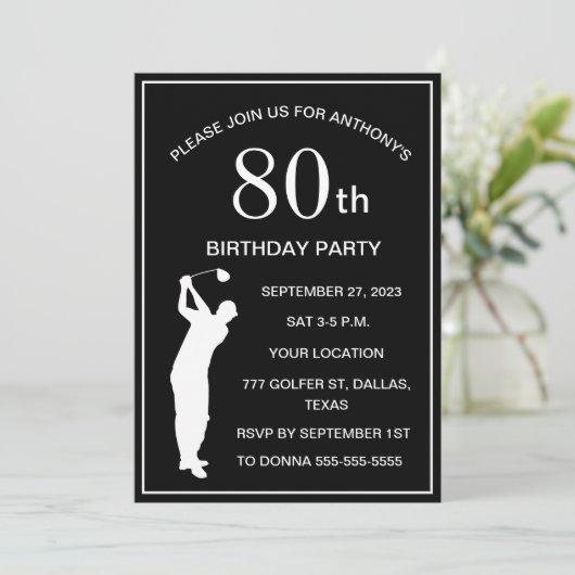 80e verjaardag Party Golfer Zwart Par Volwassen Go Kaart (Staand voorkant)