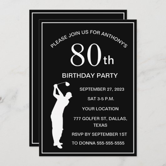 80e verjaardag Party Golfer Zwart Par Volwassen Go Kaart (Voorkant / Achterkant)