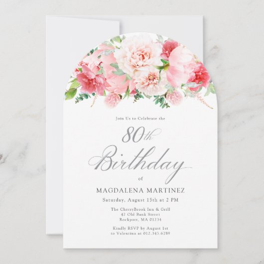 80e Verjaardag Party Pink Peony Bloemenboog Kaart (Voorkant)