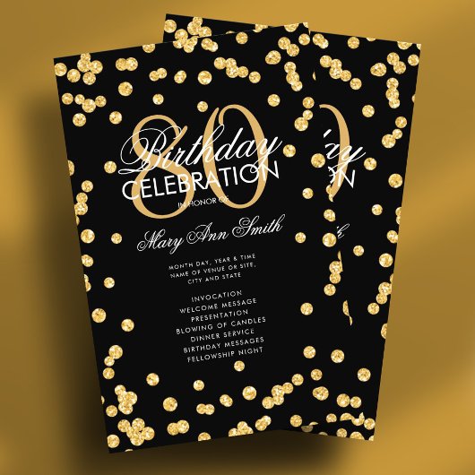 80e verjaardag Party Programma Gouden Glitter w /  Flyer