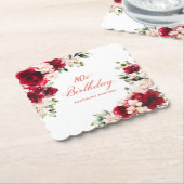 80e Verjaardag Party Rood Roze Bloemen Custom Kartonnen Onderzetters (Gebogen)