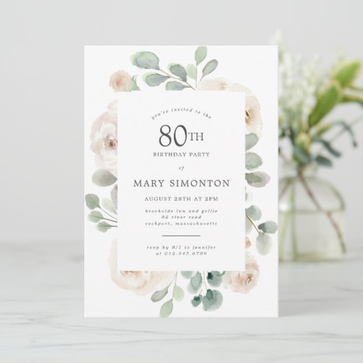 80e Verjaardag Party White Rose Bloemen Kaart (Staand voorkant)