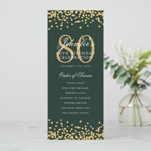 80e verjaardag programma Gold Confetti Menu Groen (Staand voorkant)
