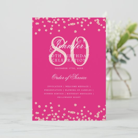 80e Verjaardag Programma Menu Roos Gold Hot Pink (Staand voorkant)