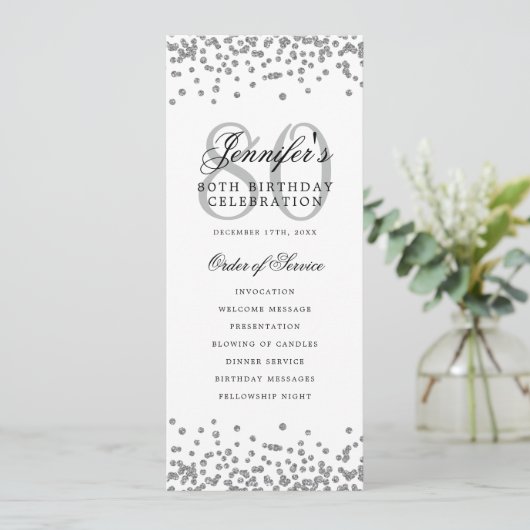 80e Verjaardag Programma Zilver Confetti Menu (Staand voorkant)