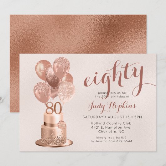 80e verjaardag Roos Gold Cake Invitation Kaart (Voorkant / Achterkant)