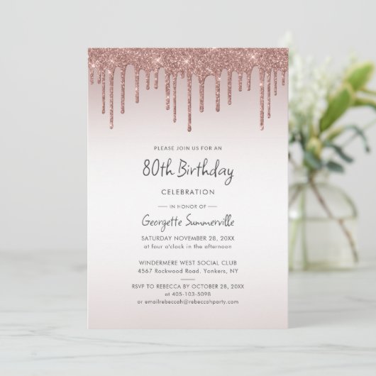 80e verjaardag Roos Gold Glitter Drip Kaart (Staand voorkant)