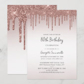 80e verjaardag Roos Gold Glitter Drip Kaart (Voorkant / Achterkant)