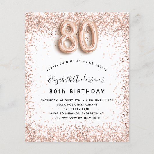 80e verjaardag roos goud witte budgetuitnodiging flyer (Voorkant)