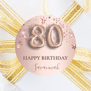 80e verjaardag roos gouden roze sterren ballonlett ronde sticker