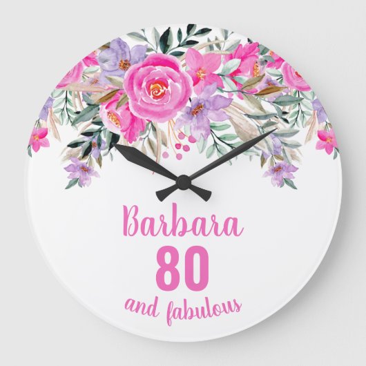 80e verjaardag roze floral grote klok (Voorkant)