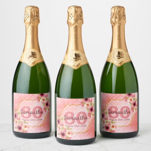 80e verjaardag roze floral naam sparkling wijnetiket (Flessen)