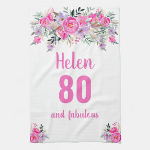 80e verjaardag roze floral Unique Theedoek