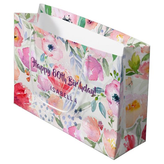 80e verjaardag roze florale monogram patroon groot cadeauzakje (Voorkant Gekanteld)