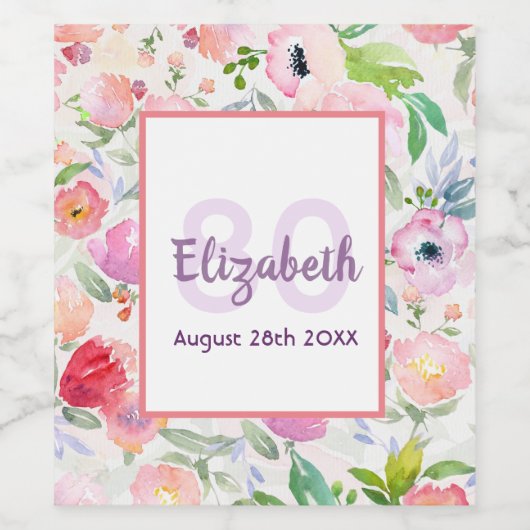 80e verjaardag roze paarse bloemen naam wijn etiket (Enkel label)