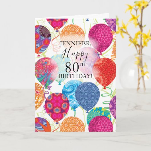 80e Verjaardag Roze Sinaasappel Turquoise Ballonne Kaart (Gele Bloem)