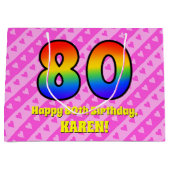 80e verjaardag: roze strips & harten, regenboognr. groot cadeauzakje (Voorkant)