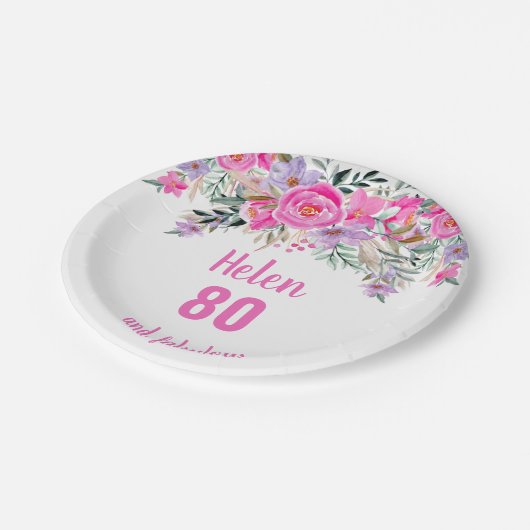 80e verjaardag roze waterverf florale papieren bordje (Gekanteld)
