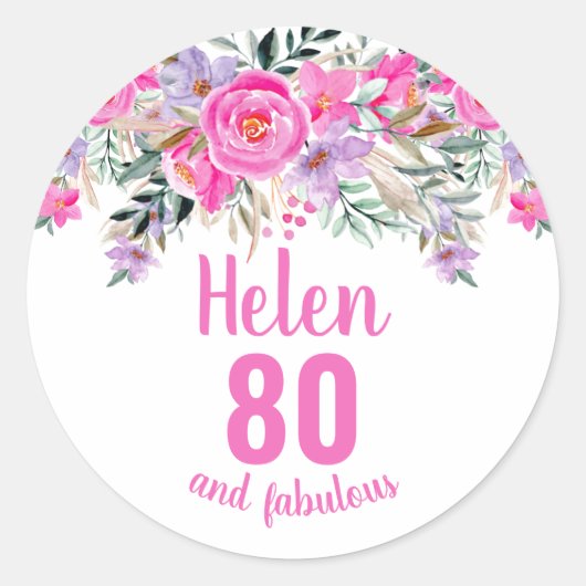 80e verjaardag roze waterverf florale ronde sticker (Voorkant)
