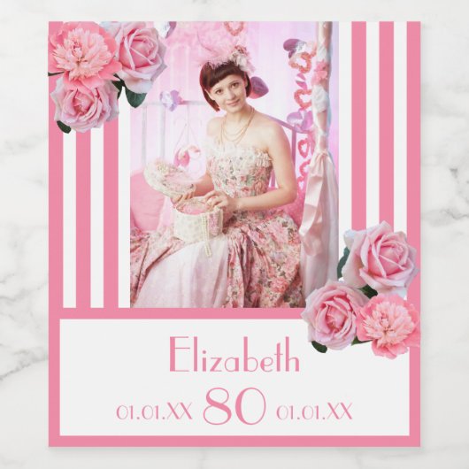 80e verjaardag roze witte strepen florale fotonaam wijn etiket (Enkel label)