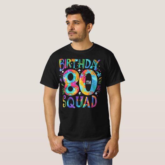 80e verjaardag Squad Tie Kleurrijke Matching T-shirt (Voorkant volledig)