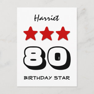 80e verjaardag ster rood zwart en wit Z508 Briefkaart