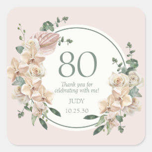 80e Verjaardag Tropische Bloemen Bedankt Vierkante Sticker