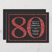 80e verjaardag Uitnodiging rood glitter karton (Voorkant / Achterkant)