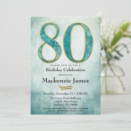 80e verjaardag Uitnodiging Turquoise Blue Gold Adu (Staand voorkant)