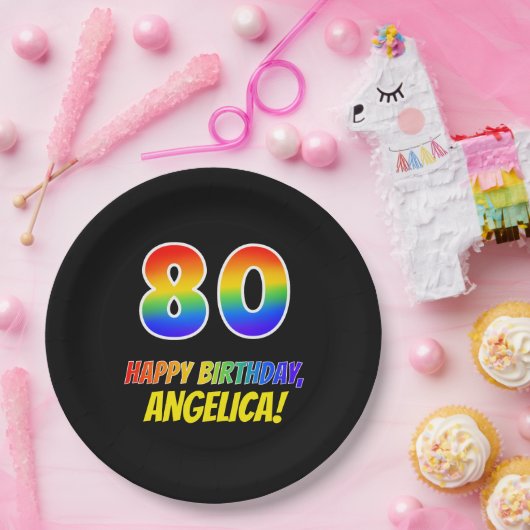 80e verjaardag: Vet, Vun, Eenvoudig, Regenboog 80 Papieren Bordje (Feest)