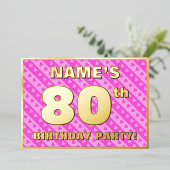 80e verjaardag — vuurroze harten en strips folie uitnodiging (Staand Voorkant)