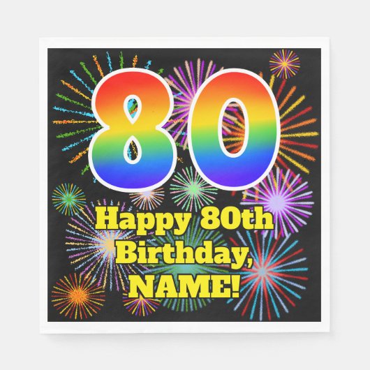 80e verjaardag: Vuurwerk Fun Pattern + Regenboog 8 Servet (Voorkant)