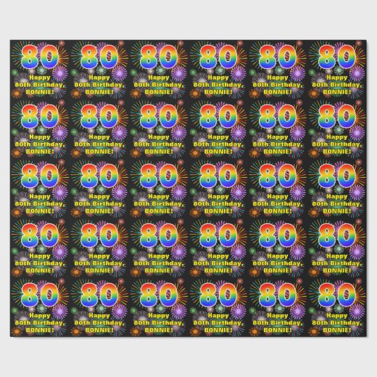 80e verjaardag: vuurwerk, regenboogblik # "80" cadeaupapier (Zoom)