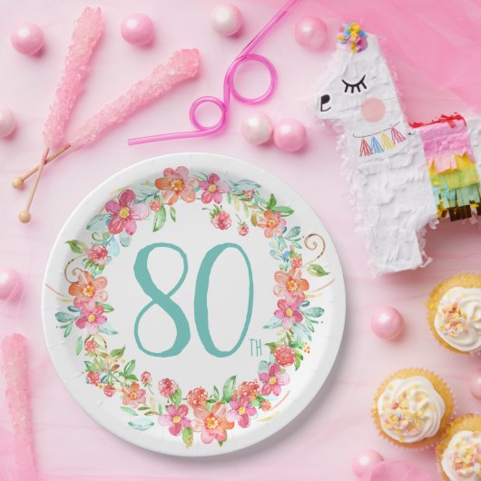 80e verjaardag waterverf bloemen feest papieren bordje (Feest)